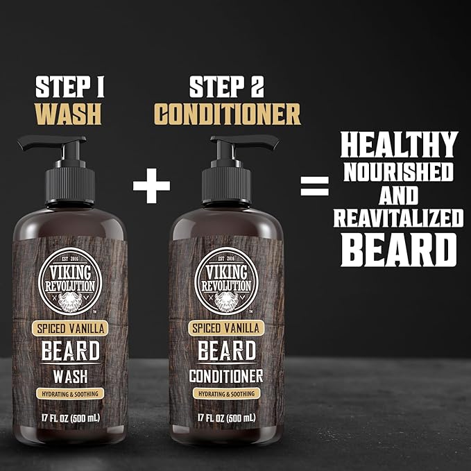 Viking Revolution Spiced Vanilla Beard Wash for Men with Argan Oil and Jojoba Oil - Beard Softener and Strengthener Beard Shampoo with Beard Oil - Beard Care to avoid Beard Dandruff and Itch (17 oz)