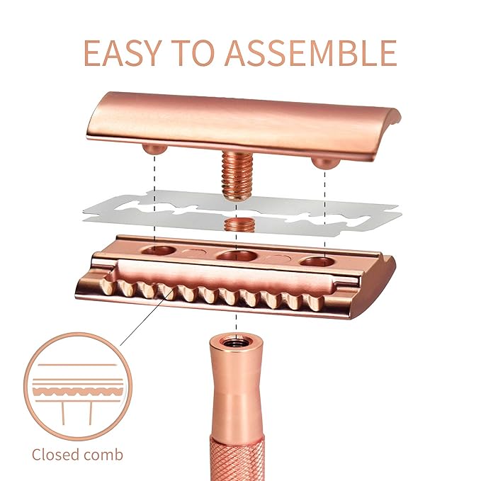 Bambaw Double Edge Safety Razor with Stand, Women Razor with 5 Double Edge Safety Razor Blades, Plastic Free Metal Razor – Rose Gold