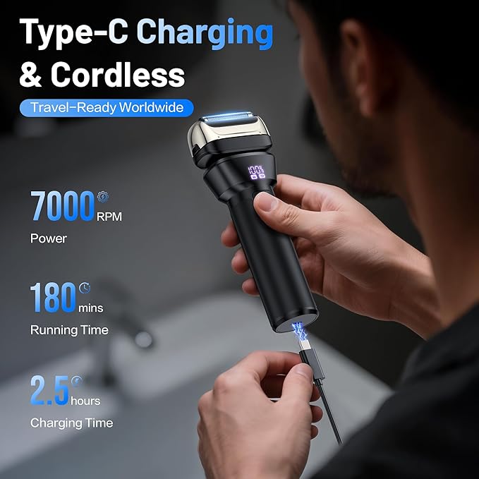 Electric Foil Shavers for Men Electric Razor with 4D Flex Floating Heads,Rechargeable Beard Trimmer with LED Display,Cordless Face Shaver for Travel,IPX6 Waterproof Wet Dry Face Razor,USB Type C