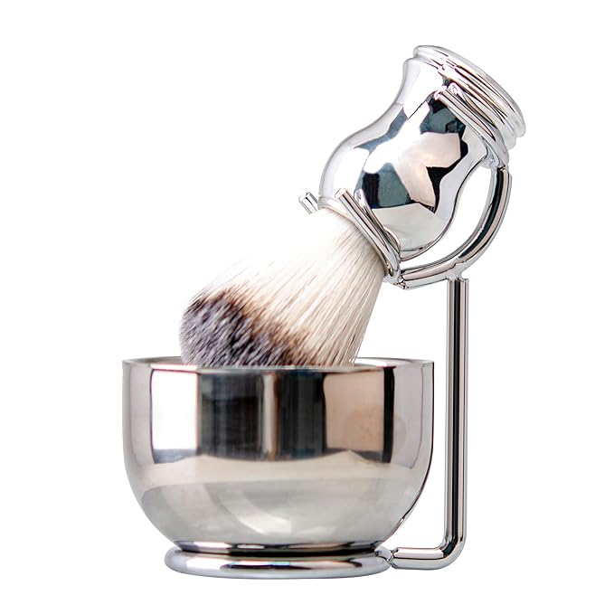 Grandslam Shaving Brush and Bowl Kit for Men, 3 in 1 Shaving Brush Set, Stainless Steel Shaving Bowl and Stand, Shaving Brush, Shaving Kit for Men, Silver