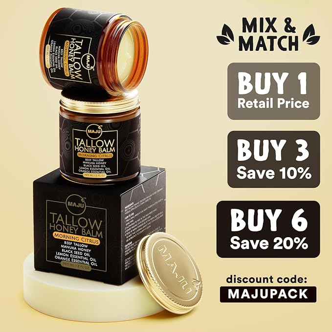 MAJU Tallow Honey Balm, Morning Citrus (2 oz), Grass Fed Beef Tallow for Skin with Organic Black Seed Oil, Manuka Honey and Organic Beeswax, Skin and Face Moisturizer for Deep Hydration
