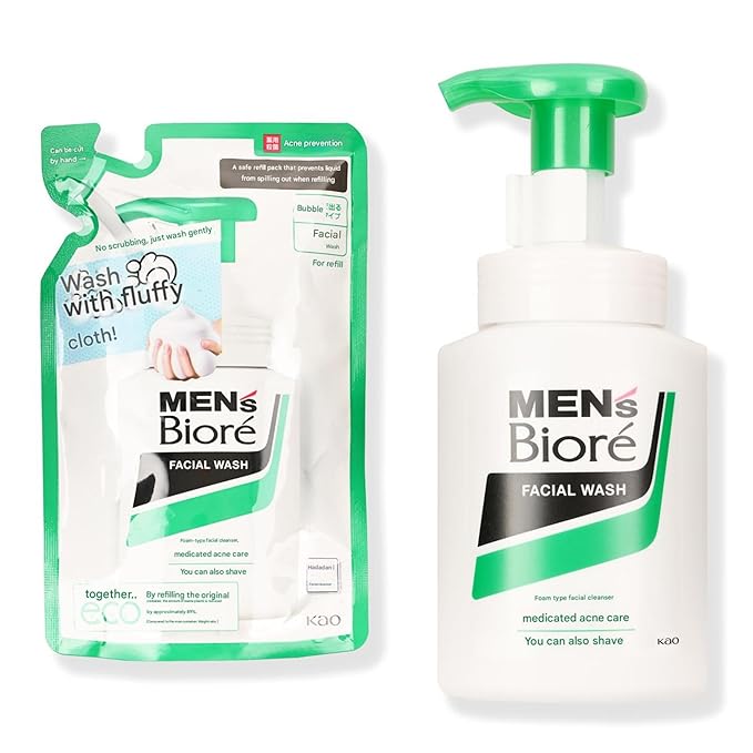Bio-re Men Foaming Facial Cleanser - Instant Foam Face Wash & Shaving Foam Combo - Deep Pore Cleansing - Includes 150ml Pump Bottle & 130ml Refill - Japanese Men’s Skincare - Easy & Hygienic Dispenser