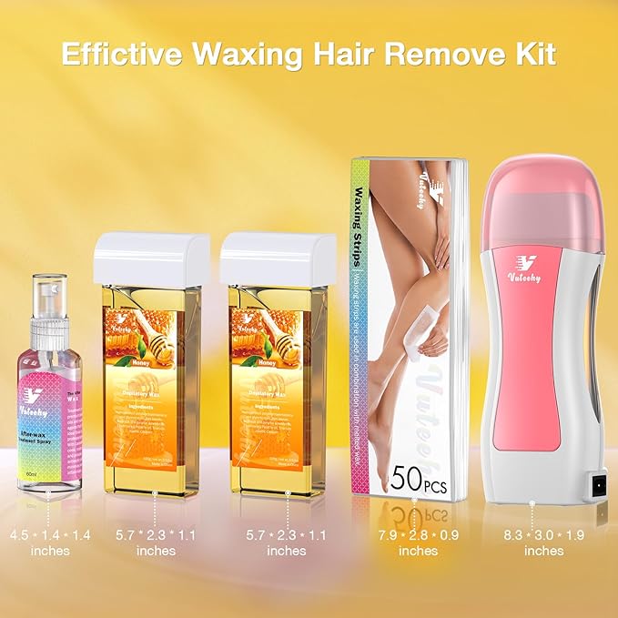 Roll on Wax Kit, Rolling Wax Hair Removal Kit for Women Men, Waxing Kit for Hair Removal, Roller Waxing Kit with 2 Honey Cartridges, 50 Pcs Strips