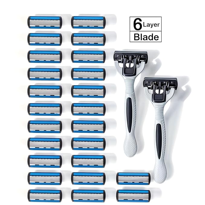24 Stainless Steel 6 Blade Shaving Razor for Men Beard Mustache- Replaceable Cartridges Blades+ 2 Non-slip Handles- Disposable Reusable Manual Safety Razor Blade