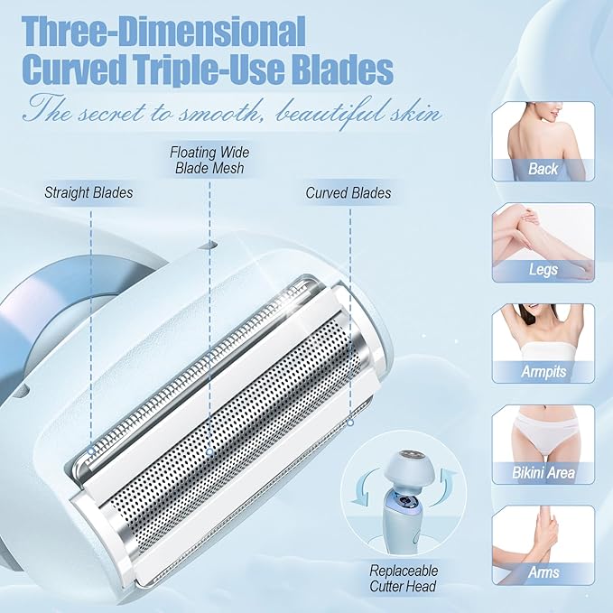 Electric Shaver for Women, 2 in 1 Wet & Dry Silk Glide Pro Shaver with 2 Removable Heads, Rechargeable Electric Trimmer for Bikini, Pubic Hair, Legs, Body, IPX7 Waterproof