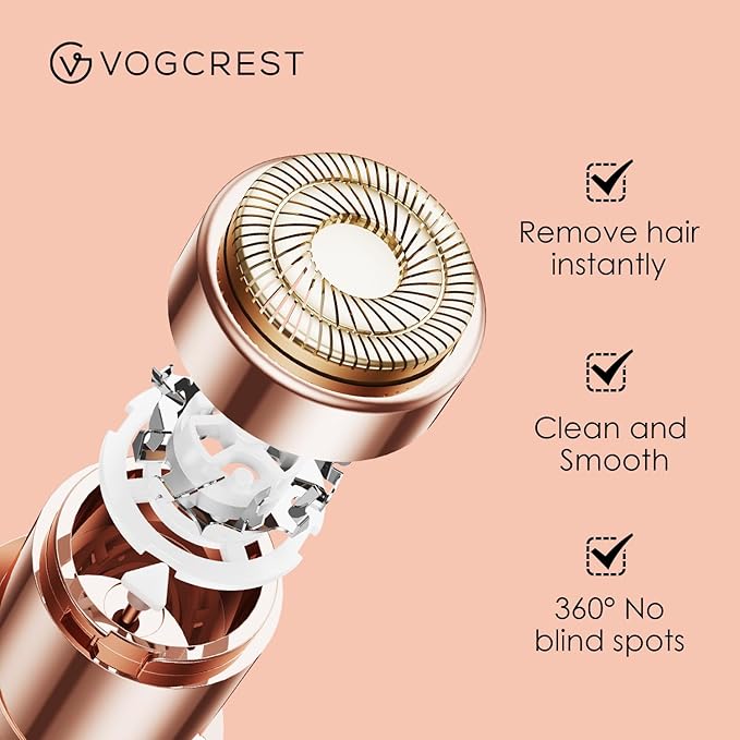 VG VOGCREST 2 in1 Eyebrow Facial Trimmer with Replacement Heads - Rechargeable Facial Hair Removal and Eyebrow Shaver - Face Lips Body Painless Facial Razor with Built-in LED Light (Rose Gold)