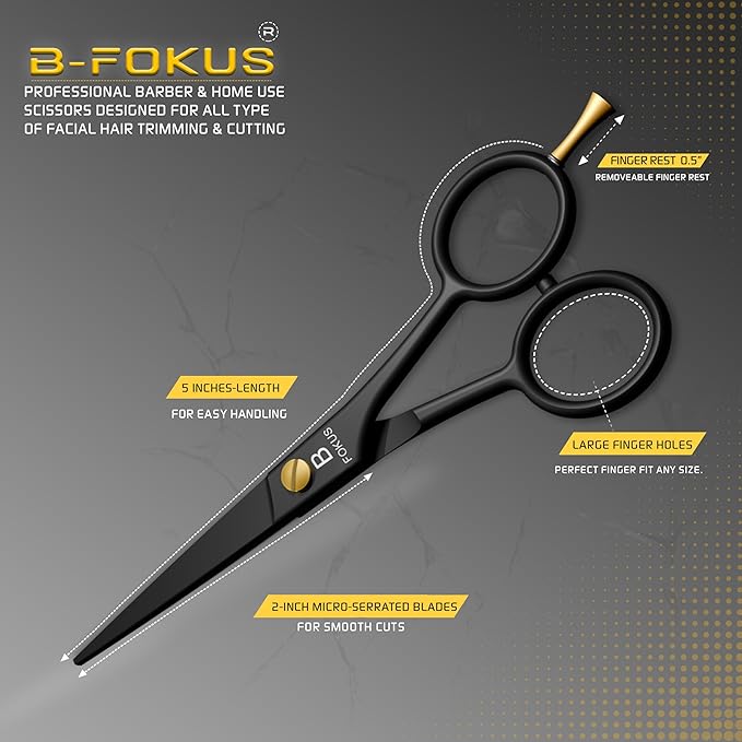 5" Professional Beard and Mustache Scissors, Black Color Beard Scissors Come with 1 Beard Comb, 1 Mustache Comb, 2 Stickers and Durable Pouch. Grooming Scissor for All Facial Hair Scissors (Black)