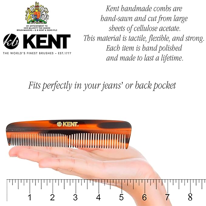 Kent R7T THE APSLEY Limited Edition Double Tooth Hair Pocket Comb, Small Fine/Wide Tooth Comb for Styling Hair, Beard and Mustache for Men, Women and Kids. Saw Cut Hand Polished. Handmade in England