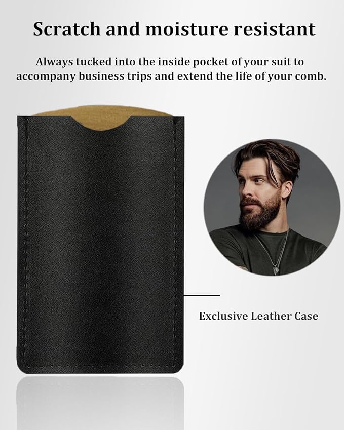 4 Pack Double-Sided Pocket Comb, Wooden Dual Action Beard and Mustache Comb Set with Leather Cases for Beards and Mustaches, Everyday Styling Comb For Detangling Knots (Beech)