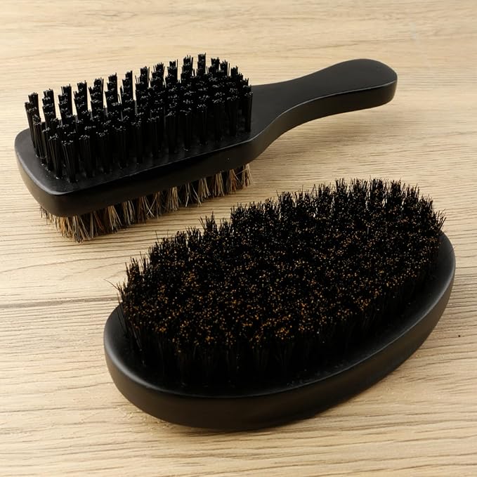 2-Sided Hair Brush for Men and Pure Boar Bristle Beard Brush Set, Pocket Travel Men's Wooden Mustache Brush for Hair, Detangling, Smoothing (Black-B)
