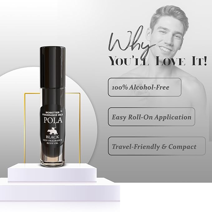 Pola Black Cologne Fragrance Body Oil for Men, Woody Aromatic, Long Lasting, Travel Size, Inspired by Polo Black