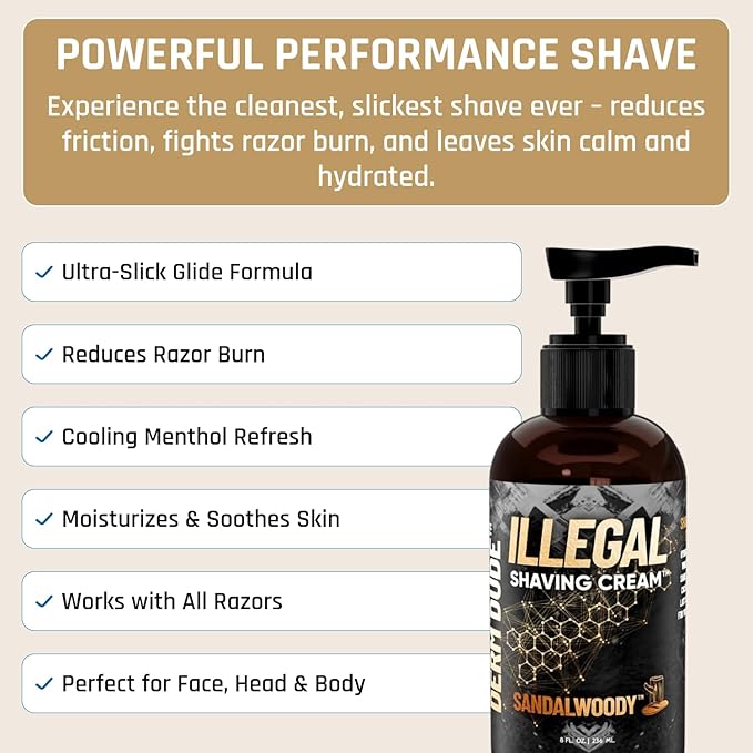 Derm Dude Illegal Shave Cream for Men | Ultra-Slick Shaving Cream for Sensitive Skin | Fights Razor Burn, Bumps, Nicks & Cuts | Smooth Glide Formula – Sandalwoody Scent, 8oz