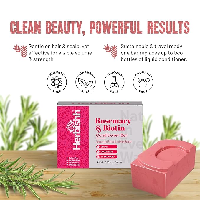 Herbishh Rosemary Conditioner Bar for Hair Growth, Volumizing Solid Conditioner, Strengthening Biotin Bar, Cleansing Soap for Women & Men, Ideal for Curly & Straight Hair 3.53 oz pk of 4