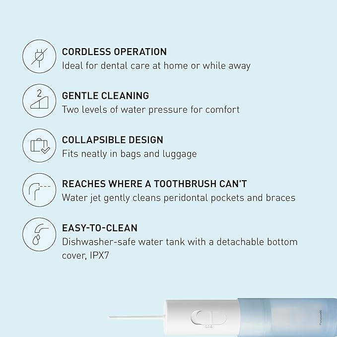 Panasonic Water Flosser for Travel, Cordless Portable Oral Irrigator with Two Water Pressure Settings, Collapsible Water Tank - EW-DJ11-A