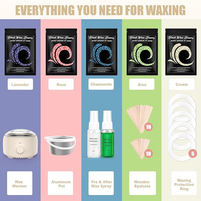 Waxing Kit - Wax Warmer for Hair Removal, Hard Wax Kit with 14oz 5 Bags Hard Wax Beans for Full Body, Legs, Face, Eyebrows, Bikini, Brazilian Waxing Kit for Women Men