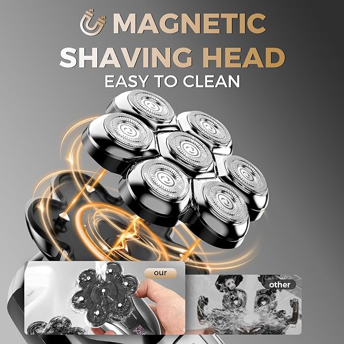 Ufree 7D Rotating Head Shaver for Bald Men, Magnetic Detachable Blades, IPX7 Waterproof Electric Razor, Head Face Beard Trimmer Grooming Kit with USB Fast Charge, Smart LED Display, Mens Gifts