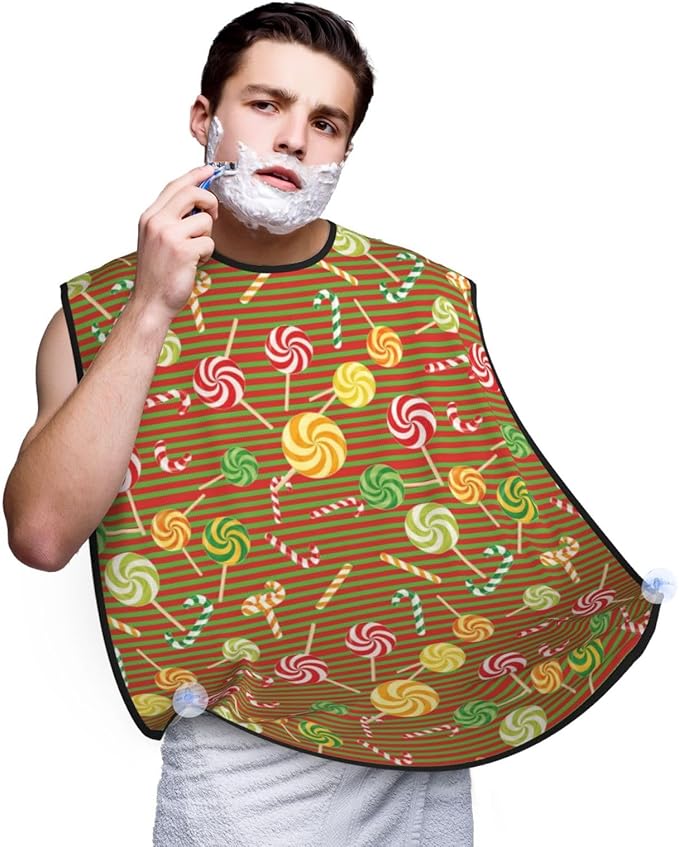 Non-Stick Beard Shaving Bib, Hair Catcher Apron with Suction Cups, Waterproof Grooming Tool for Men Husband, Candy Cane Christmas Red Green Stripes Shave Bib