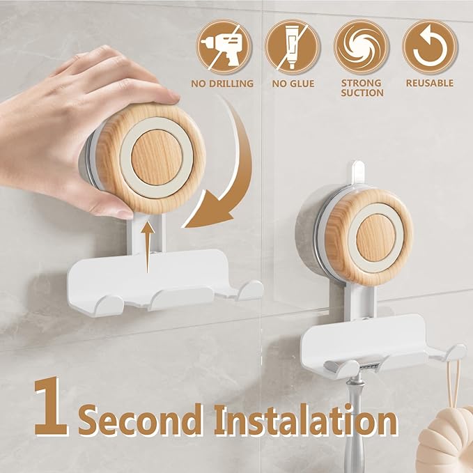 Razor Holder for Shower, Suction Cup Shaver Holder for Wall, Removable&Reusable Suction Cup Hooks for Bathroom, Damage-Free Suction Shower Hooks, Wall Mounted Razor Stand, White