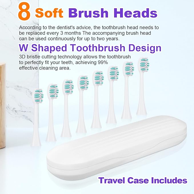 Whitening Electric Toothbrush for Adults and Kids, Rechargeable Toothbrush with 8 Brush Heads & Travel Case, 5 Modes & Smart Timer, 45000VPM Deep Clean, IPX7,One Fast Charge Last 120 Days - Purple
