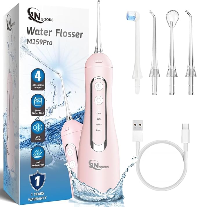 Cordless Water Dental Flosser Oral irrigator,JNGOODS 300ml Rechargeable Water flosser for Teeth IPX7 Waterproof 4 Modes Portable Oral Irrigator with 4 Jet Tips, Travel Home use (Pink)