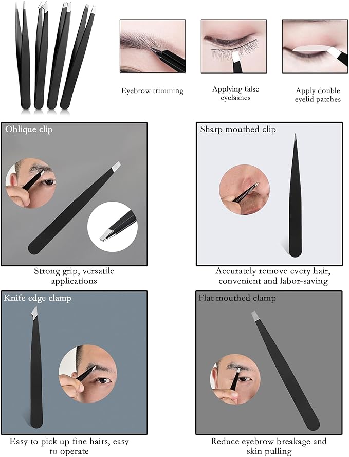 Precision Eyebrow Grooming Kit - 9 in 1 Professional Eyebrow Shaping Set - Tweezer Kit, Razor, Brush, Scissors, Nasal Hair Clipper - Black