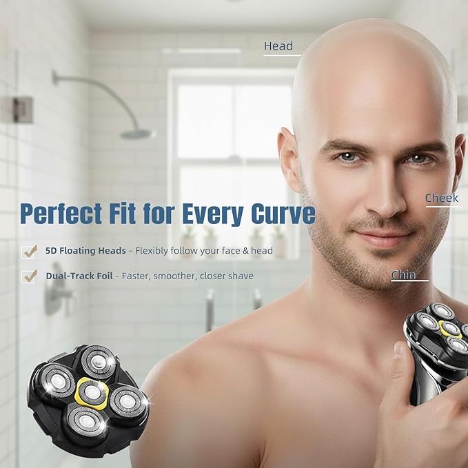 Replacement Heads Compatible with Microtouch Titanium Head Shaver - 5D Stainless Steel Blades for Wet Dry Bald Shaving, Waterproof, Includes 2 Cleaning Brushes (2 Pack)