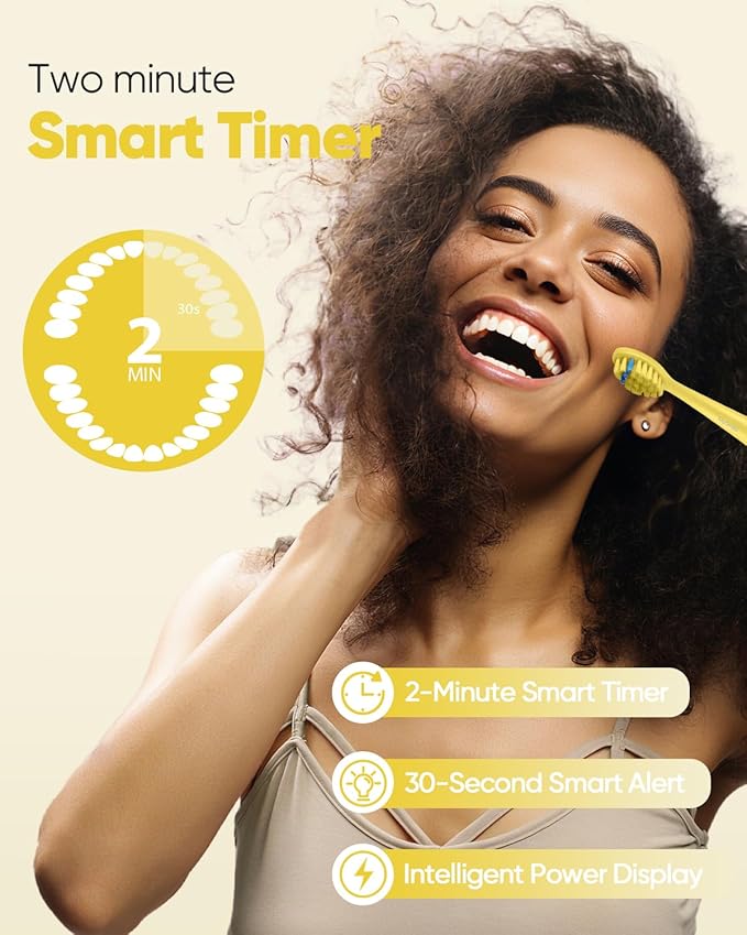MySmile DY156 Electric Toothbrush for Adults, Rechargeable Sonic Battery Toothbrush Portable with 3 Brush Heads, 2 Mins 5 Modes Smart Timer, 45000VPM, One Charge for 60 Days - Yellow