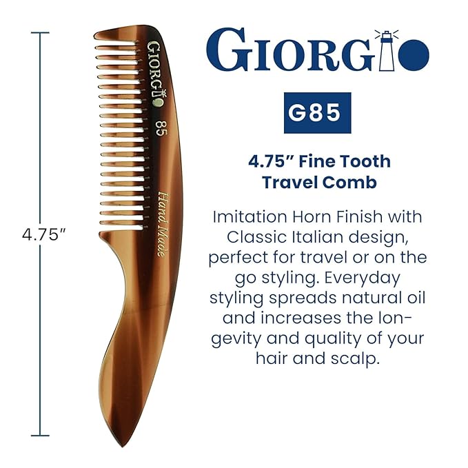 Giorgio G85 travel comb for Mustache and Beard for Men - Small Fine Tooth Pocket Comb for Everyday Hair Care - Sawcut and Hand Polished Pocket and Styling Comb - Tortoiseshell Combs (4.75")