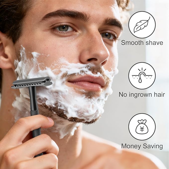Safety Razor with Stand for Men & Women - Double Edge Single Blade Razor, One Blade Razor with 10 Blades & Metal Stand - Reusable Mens & Womens Shaving Razor (Complete Kit)-Black