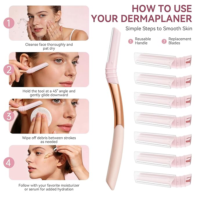 Eyebrow Razor and Face Razor for Women, Reusable Metal Handle with 7 Refill Blades, Dermaplane Razor with Protective Silicone Cap, Eyebrow Hair Trimmer