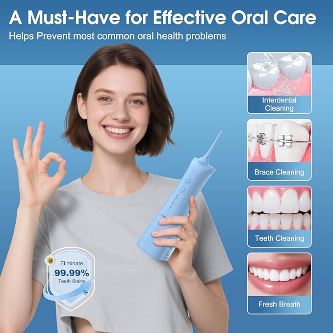 Leominor Water Dental Flosser - 5 Modes Cordless Oral Irrigator, IPX7 Waterproof, Rechargeable Teeth Cleaner Upgrade Datchable Tank Professional Flossing Cleaning Pick for Home Travel(S Blue)