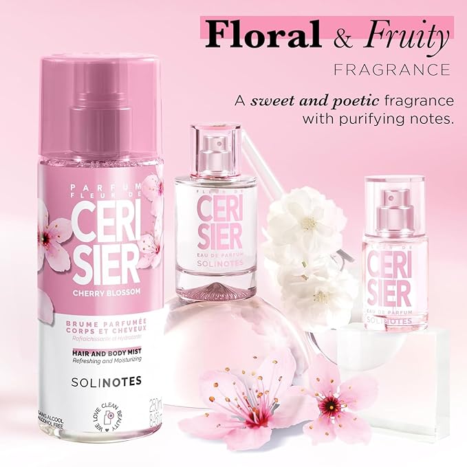 Brume Parfumee Fleur de Cerisier SOLINOTES | Parfum Rafraichissant et Hydratant - Sans Alcool | Brume Parfumee Corps et Cheveux | 250 ml