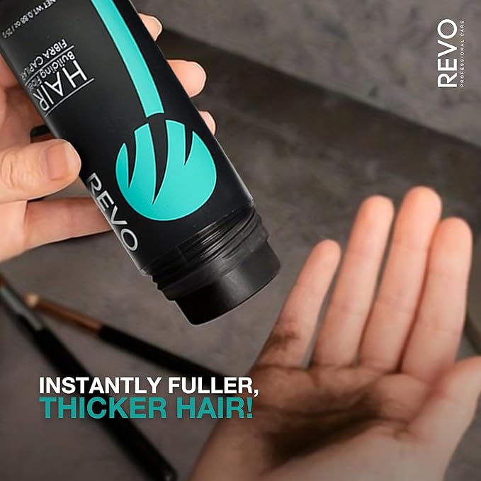 REVO Hair Building Fibers Kit for Thinning Hair (25g) with Fiberhold Spray (100ml) – 3-Pc Professional Set, Natural Plant-Based Hair Thickener & Concealer for Men & Women - DARK BROWN