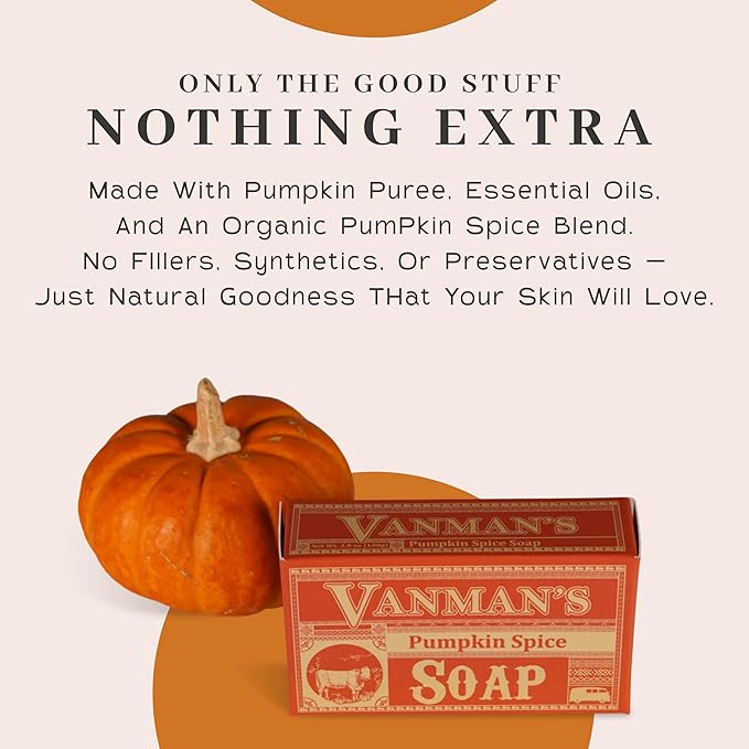 VanMan Pumpkin Spice Body Soap - Grass Fed Finished Suet Beef Tallow & Pumpkin Puree - Nourishing, Hydrating & Moisturizing Natural Bar Soap with Essential Oils - Autumn Scent - 3.8 oz Bar (1 Pack)
