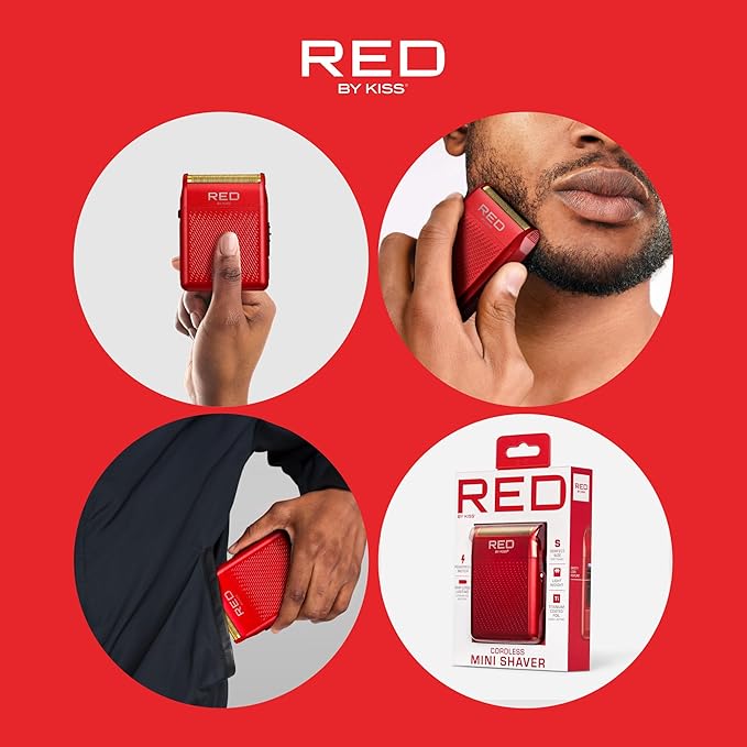 RED by Kiss Cordless Mini Shaver for Men, Compact High-Precision, Quick USB-C Charging, Non-Slip Grip, Long-Lasting Battery, Travel-Friendly Design, Powerful Motor for Efficient Shaving (Red)