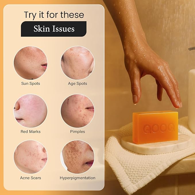 QOOQ Turmeric Kojic Acid Soap for Dark Spots Remover – Facial Cleansing Bar with Vitamin C, Retinol, Collagen, Vitamin E, Glycerin, Shea Butter & Castile Olive Oil – Soap for Women & Men (100g)