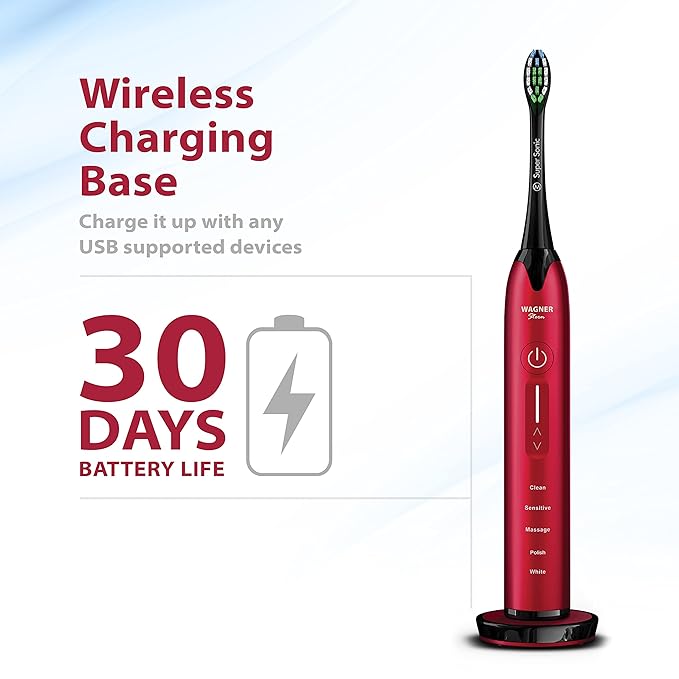 Wagner Stern Ultrasonic whitening Toothbrush with Pressure Sensor. 5 Brushing Modes and 4 Levels of Intensity, 8 Soft bristles, Travel case.
