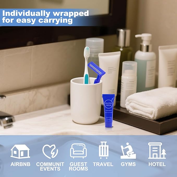 Disposable Razor Shaving Cream Set, Individually Wrapped Manual Twin Blade Shaving Razors in Bulk with Mini Smooth Shaving Cream Toiletries for Hotel Charity Camping Travel Homeless 0.34oz (30 Pack)