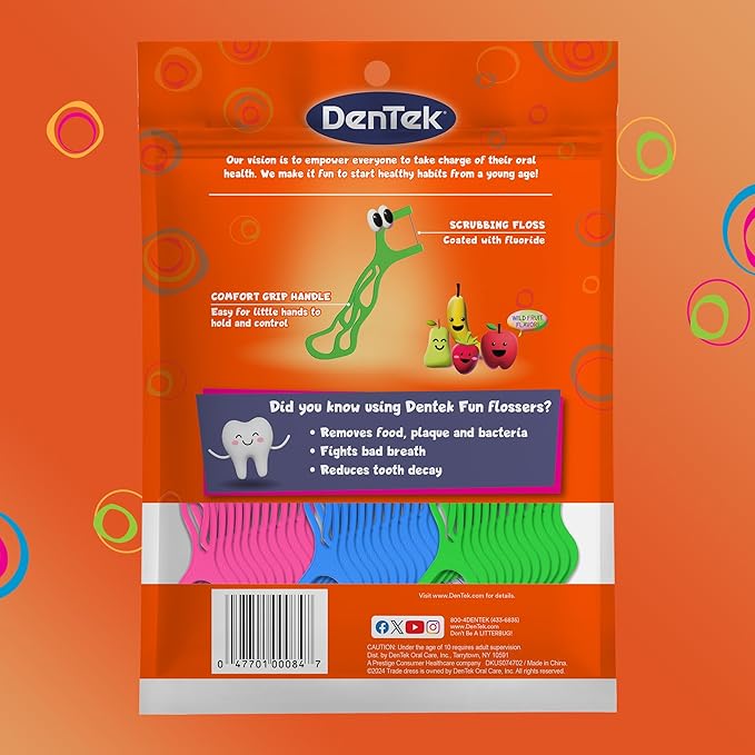 DenTek Fun Flossers – Kids Floss Picks with Wild Fruit Flavor, 90 Count (Pack of 2)