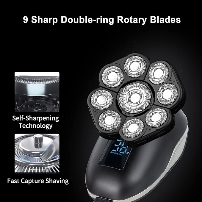 Magnetic Head Shaver Replacement Heads 7 Double Ring Waterproof Rotary Razor Blades for Bald Men Compatible with freebird wyklaus shpavver & Other Brands(black9)