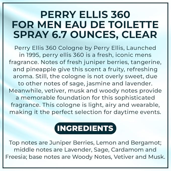 Perry Ellis 360 For Men Eau De Toilette Spray 6.7 Ounces, clear