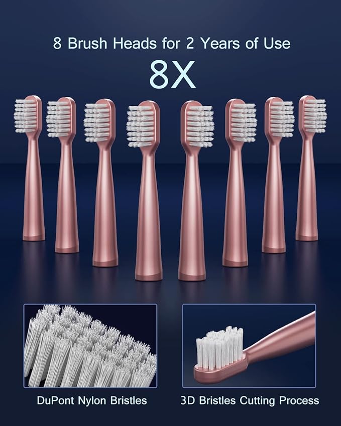 Sonic Electric Toothbrush for Adults, USB Rechargeable Sonic Toothbrush with 8 Brush Heads, Smart Timer, 5 Modes, 2-Hour Fast Charge Last 30 Days, Pink