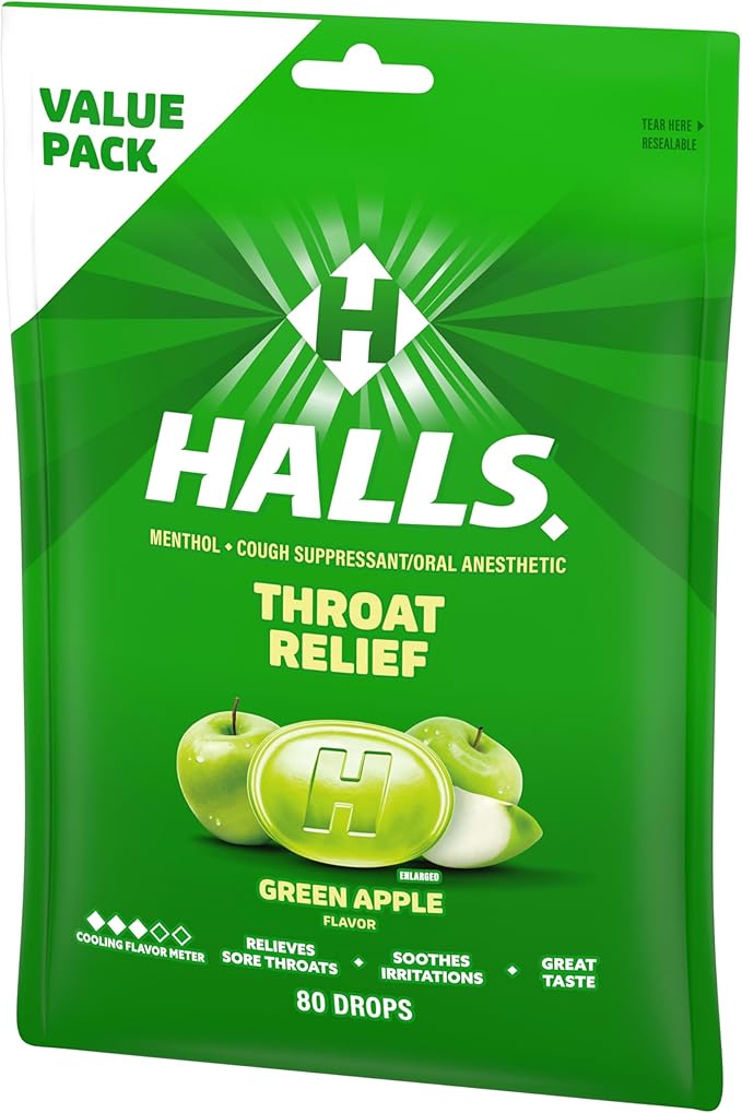 Halls Throat Relief Green Apple Cough Drops, Value Pack, 80 Drops