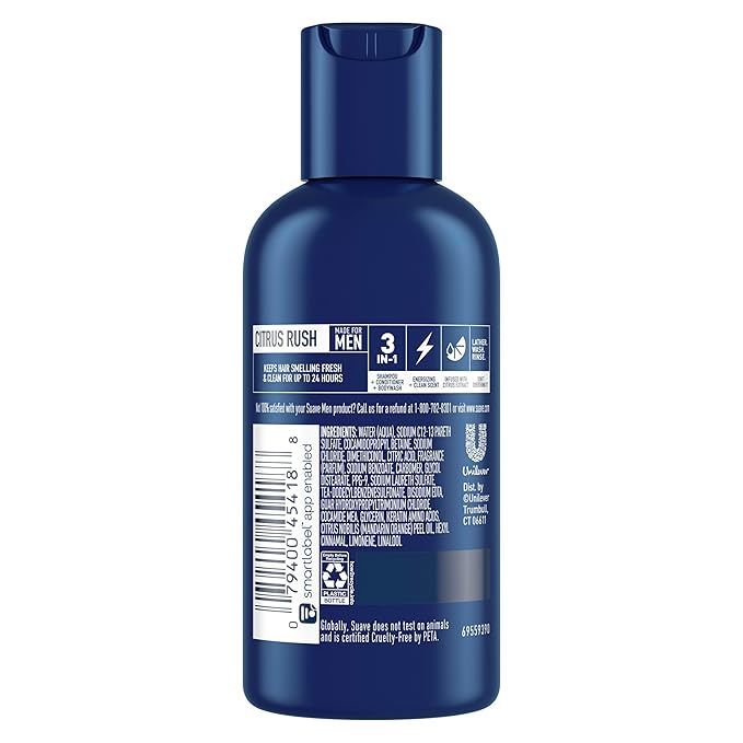 Suave Men Body Wash 3-in-1 Citrus Rush – Travel-Size Shampoo, Conditioner & Body Soap All-in-One Formula with Keratin for Healthy Hair & Skin, 3 Oz Ea (Pack of 3)