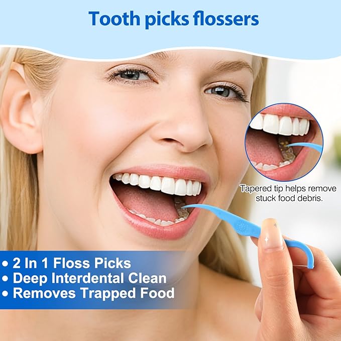 Floss Picks - 200 Count Wear Resistant Dental Floss Picks BPA Free Durable Dental Floss Ergonomic Design 2 in 1 Tooth Picks Flossers for Teeth Cleaning 2 Pack Light Blue