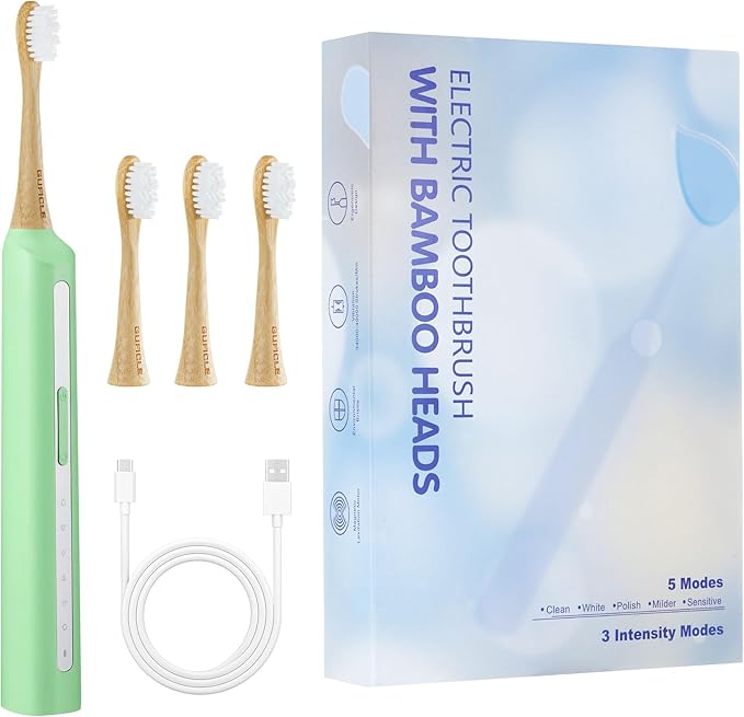 Bamboo Electric Toothbrush丨Rechargeable Electric Toothbrush with 4 Bamboo Heads, Soft Castor Oil Bristles,5 Moedes&3 Intensities, 45 Days Battery Life, IPX7 Waterproof-Light Green