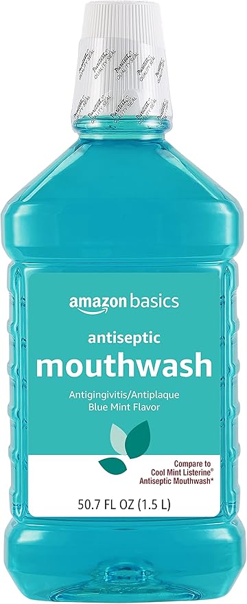 Amazon Basics Fresh Breath Mouthwash, Blue Mint Antiseptic, Fights Bad Breath and Gingivitis, Refreshing, 1.5 Liters, 50.7 Fl Oz, 1-Pack (Previously Solimo)