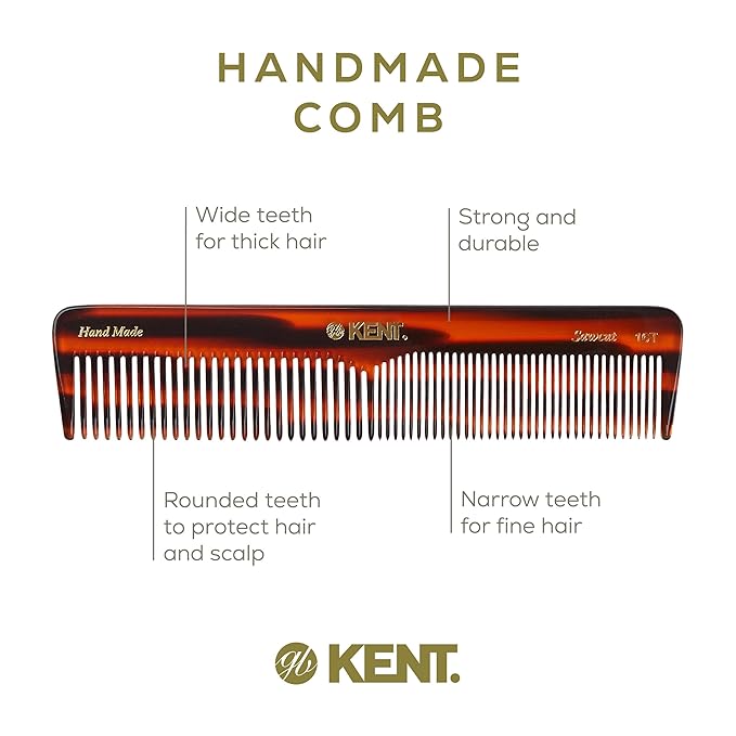 Kent 16T Tortoise Fine Tooth and Wide Tooth Comb for Daily Grooming, Styling Comb for All Hair Types, Wet or Dry Hair Detangling Combs for Men and Women,Saw Cut Hand Polished, Made in England