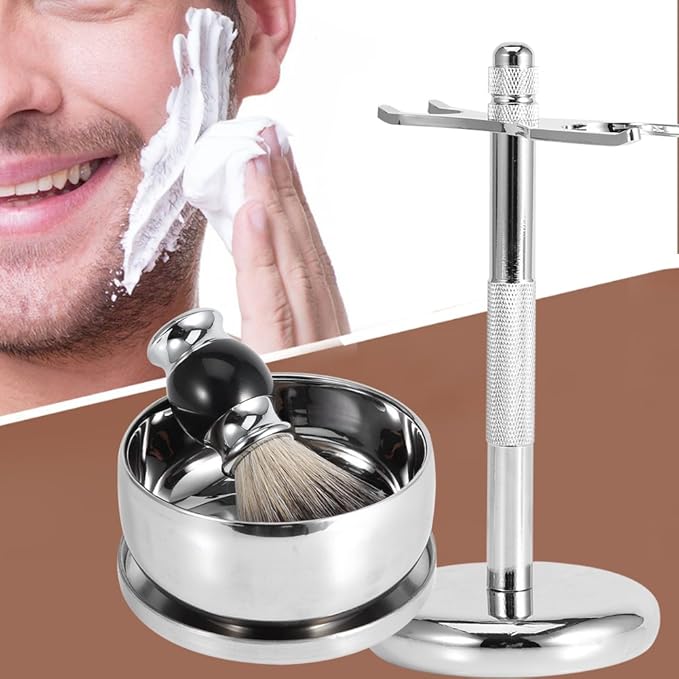 Shaving Brush and Bowl - Shaving Bowl Kit Men Shaving Tool Stand Holder + Faux Badgers Hair Brush + Alloy Soap Mug Bowl Kit