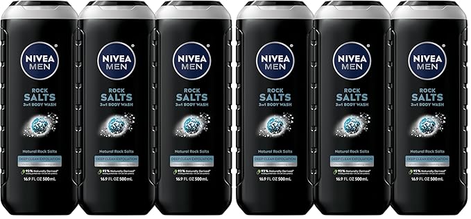 NIVEA MEN Deep Clean Rock Salts Body Wash with Scrub Particles and Natural Rock Salt,Exfoliating Body Wash for Men,Cleanses Without Drying Skin,16.9 Fl Oz Bottle,(Pack of 6)